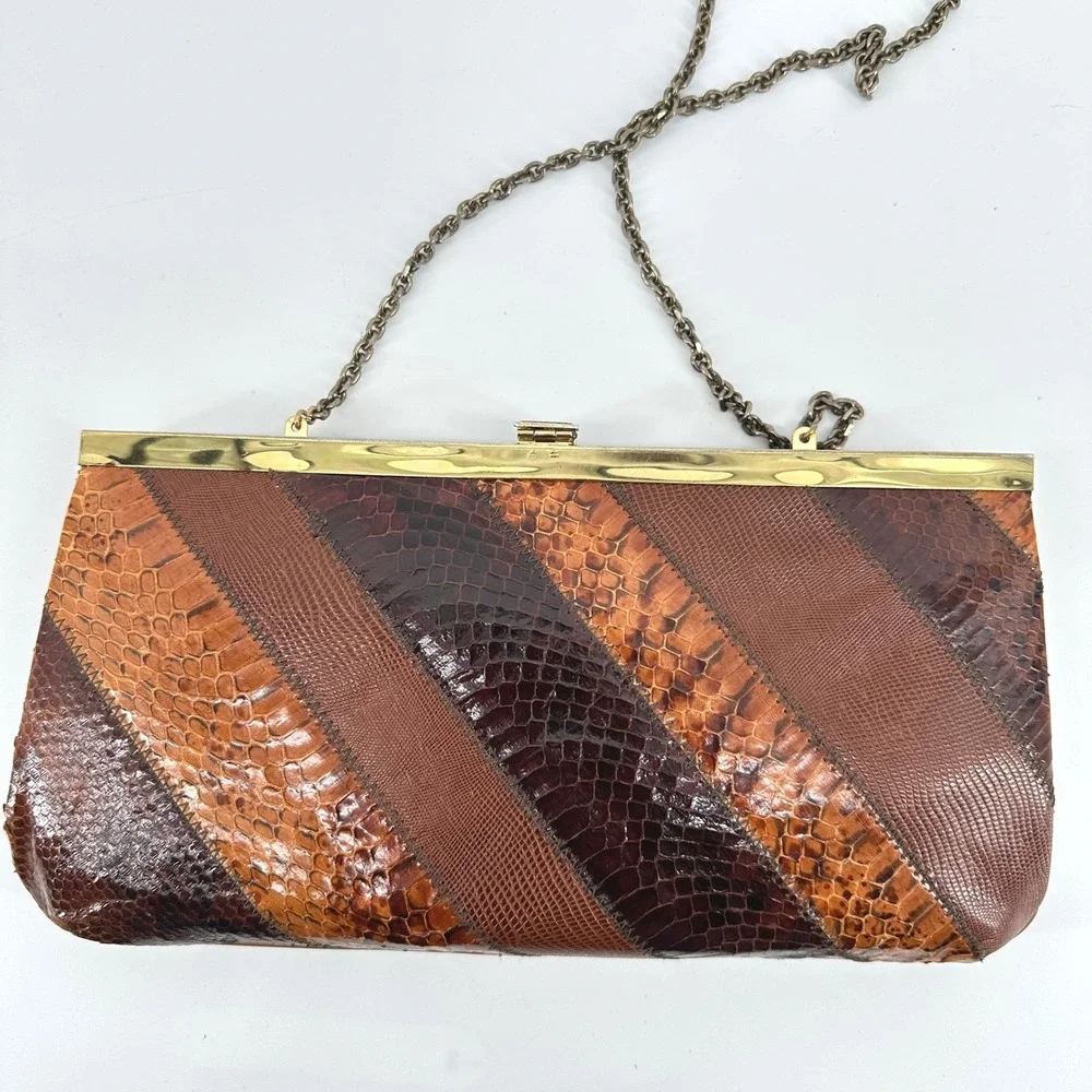 Vintage Snakeskin Patchwork Clutch‎ Women Small Brown Evening Retro Cocktail